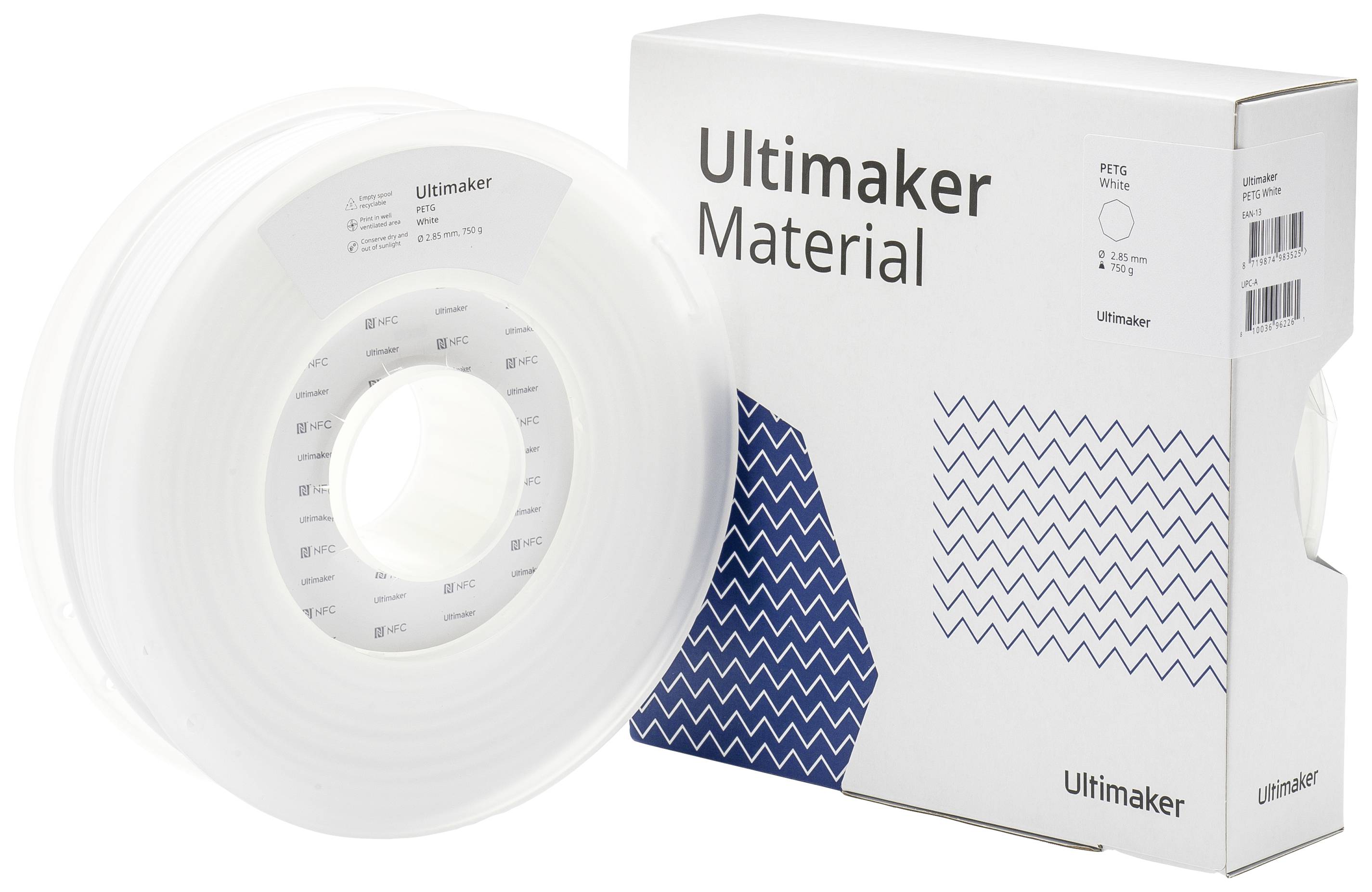 Eine Rolle weißes PETG-3D-Druckmaterial von Ultimaker, zusammen mit der Verpackung, die das gleiche Materialdesign und Markenlogo zeigt.