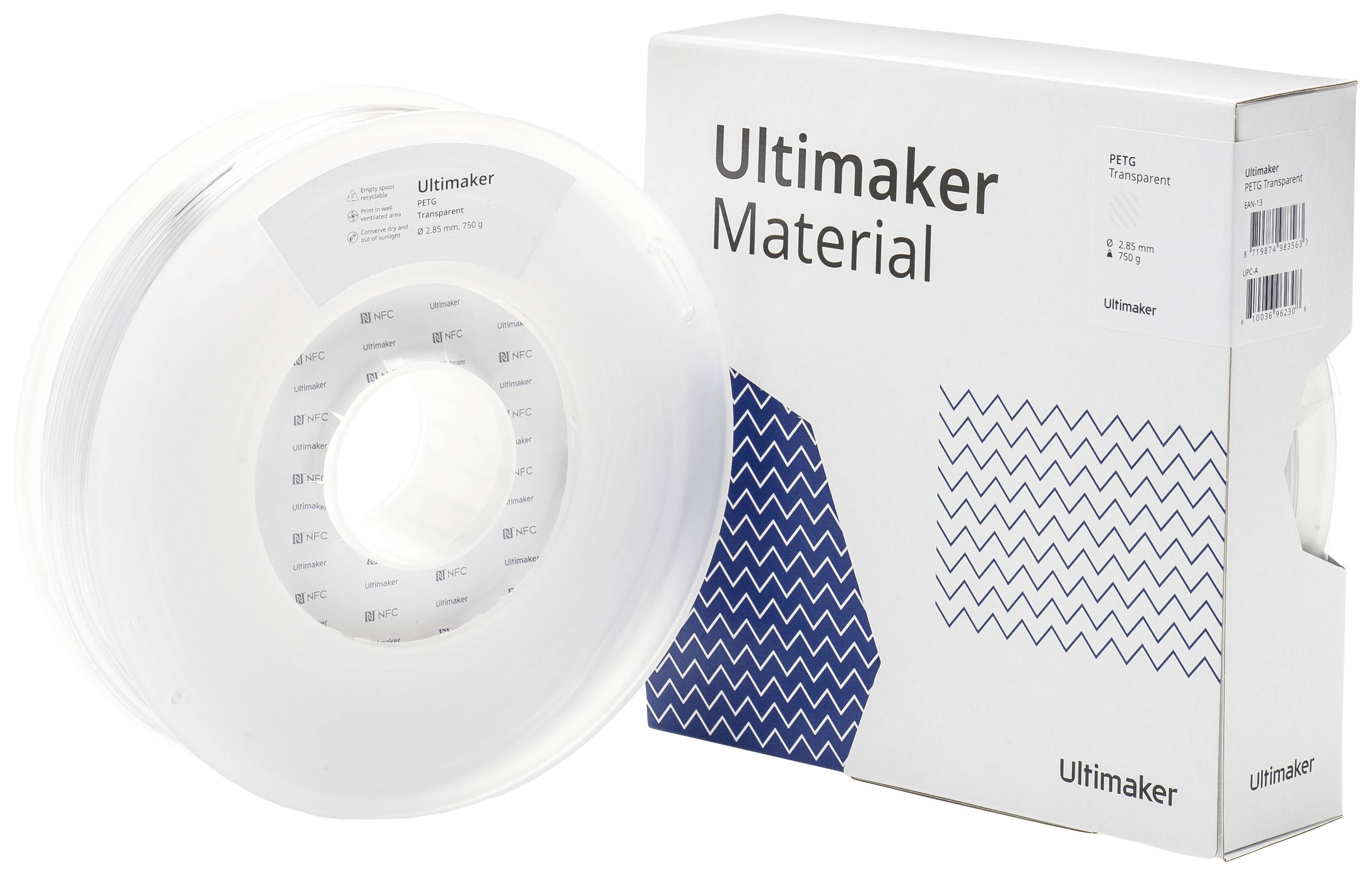 Eine Rolle mit transparentem 3D-Druckmaterial von Ultimaker neben der zugehörigen Verpackung.