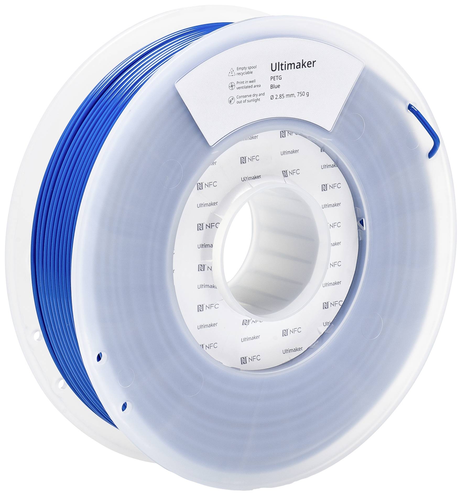 Eine Spule mit blauem Ultimaker PETG-Filament. Aufkleber zeigt Materialdetails: 2,85 mm Durchmesser, 750 g Gewicht.