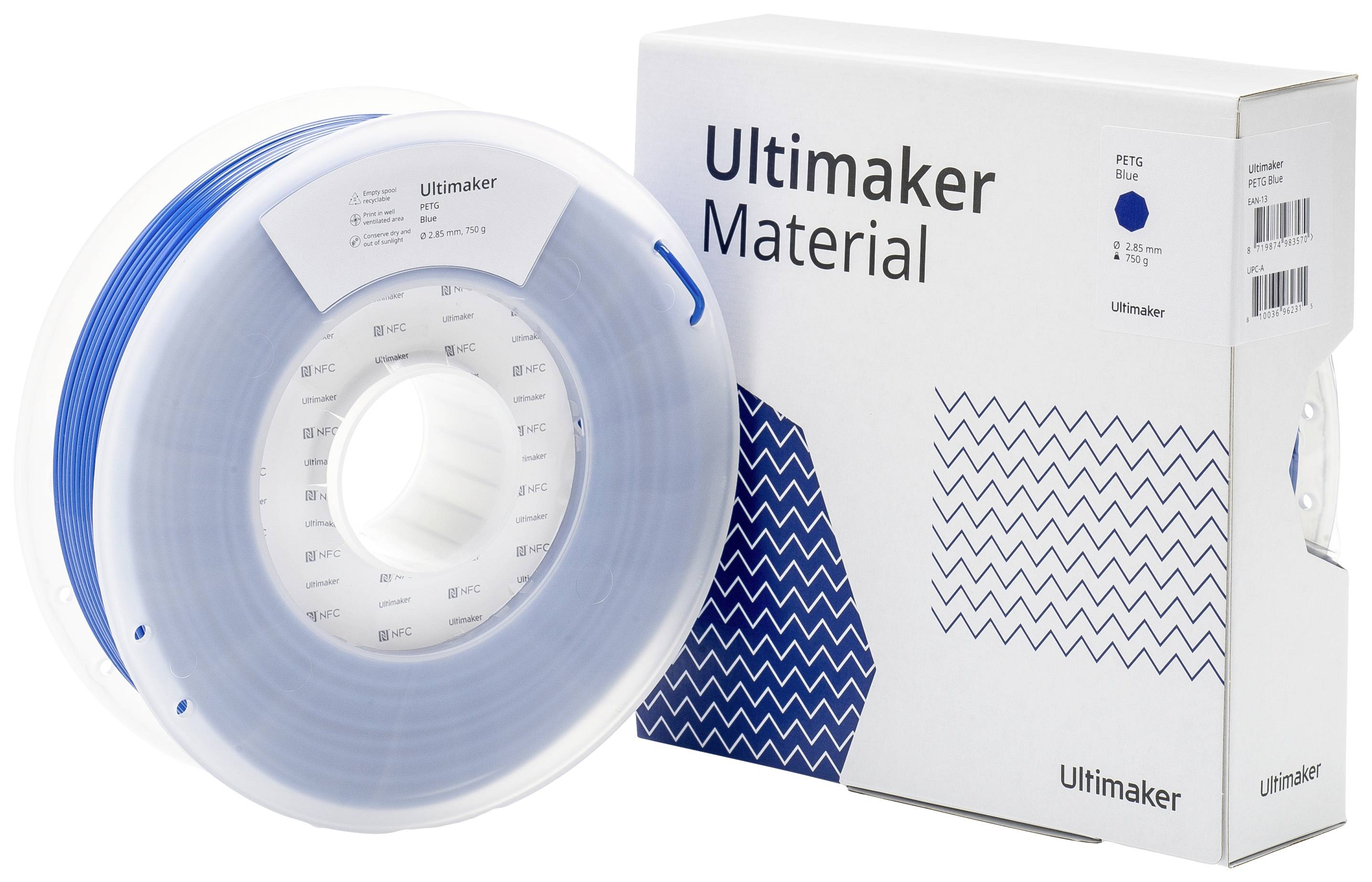 Filamentspule mit blauem Filament und Verpackung von 'Ultimaker Material', geeignet für 3D-Druck. Verpackung rechts, Spule links im Bild.