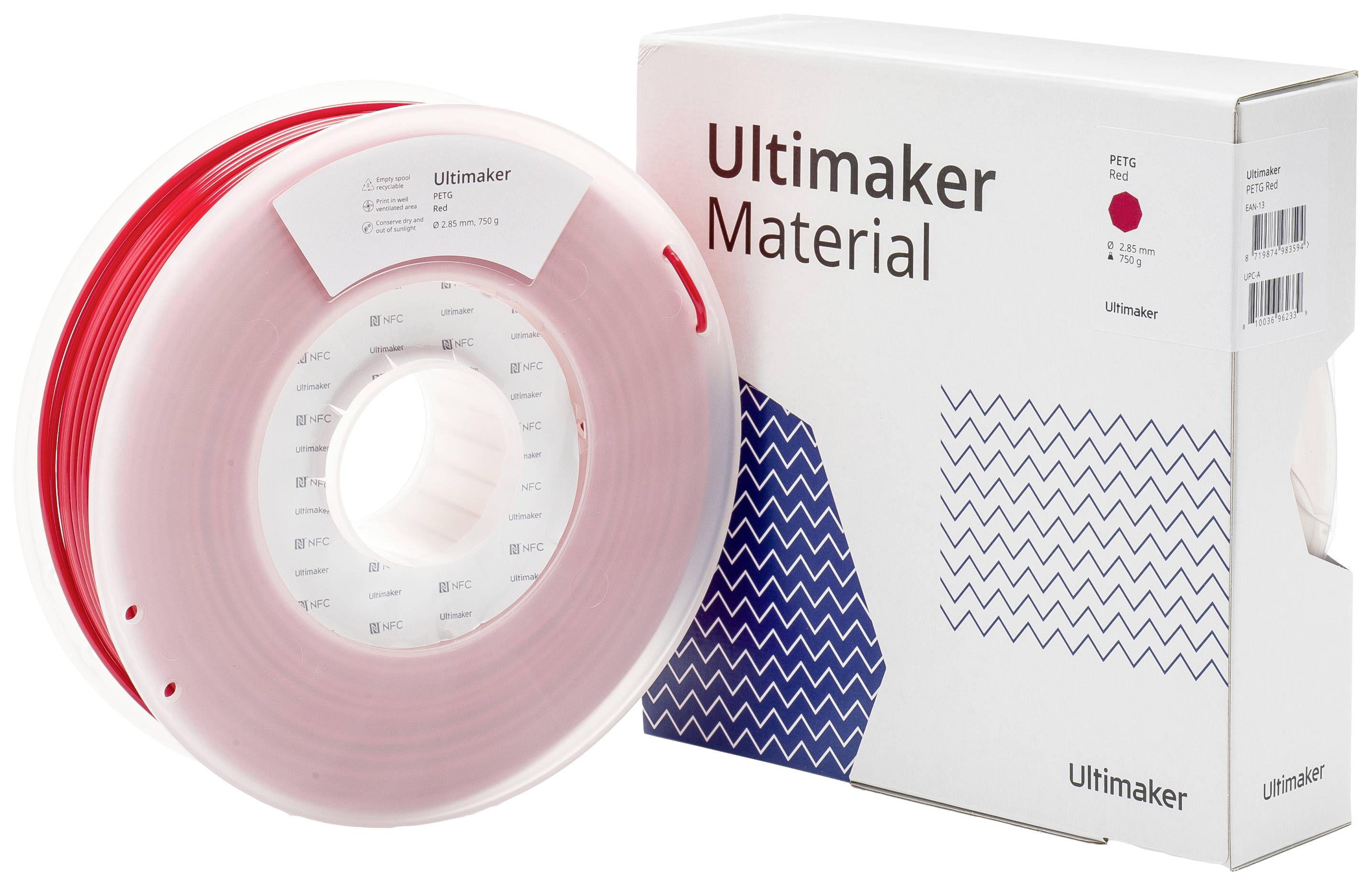 Eine rote Filamentspule neben ihrer Verpackung von Ultimaker. Die Verpackung zeigt das Wort 'Ultimaker Material' und grafische Muster.