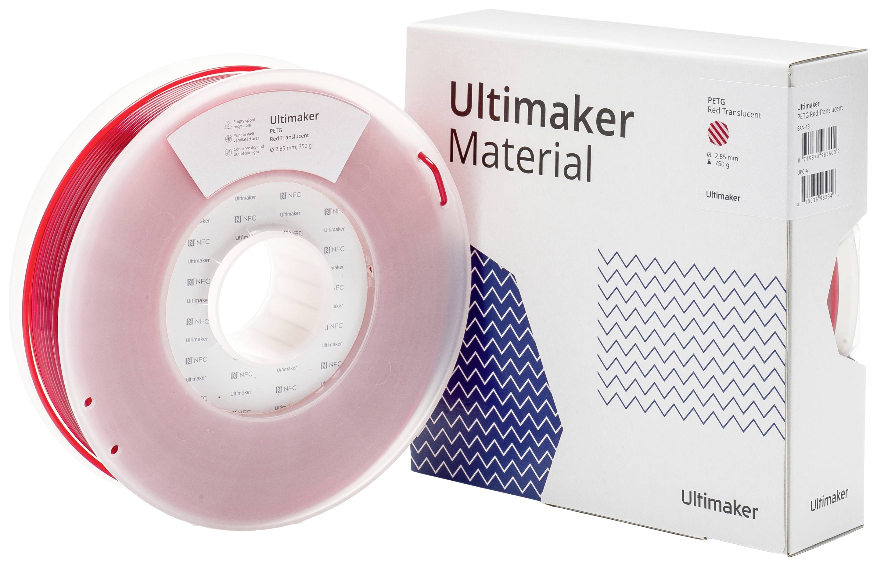 3D-Drucker-Filamentrolle, rot, neben einer weißen Ultimaker-Verpackung.