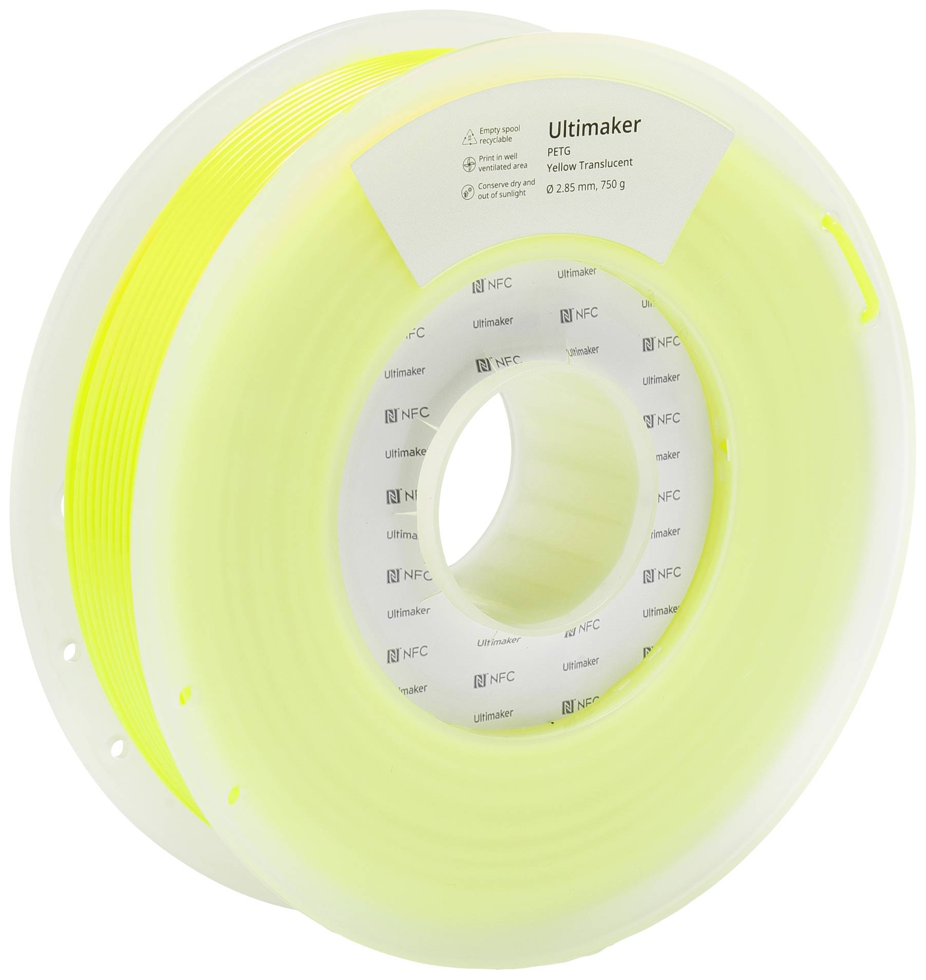 Eine Rolle hellgelbes 3D-Drucker-Filament von Ultimaker mit der Aufschrift 'Ultimaker PT6 Yellow Translucent, 2.85 mm, 750 g'.