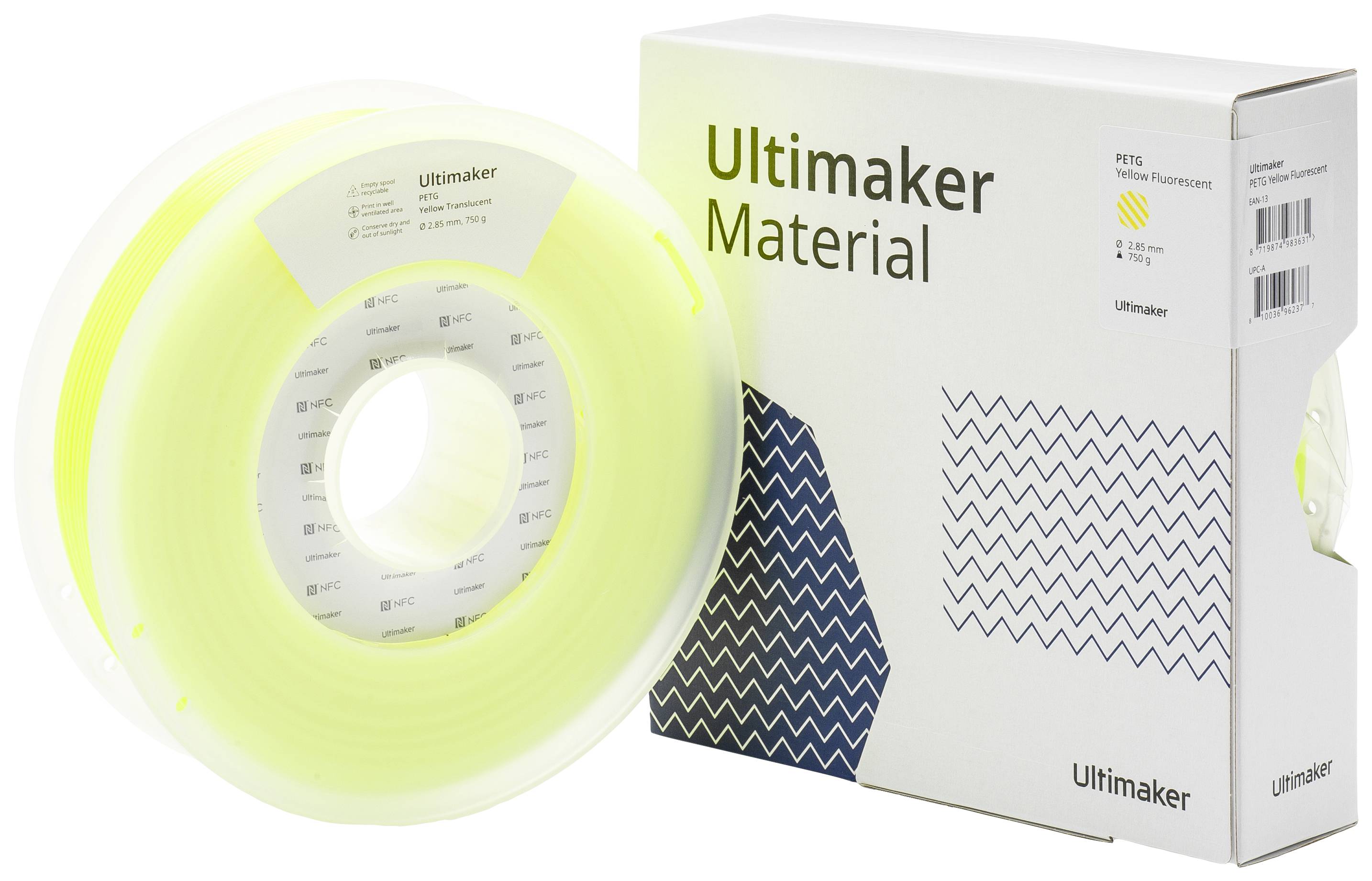 Eine Packung Ultimaker-3D-Druckmaterial in Neonfarbe, zeigt eine Rolle Filament vor einer Verpackung, die Markenname und Details trägt.