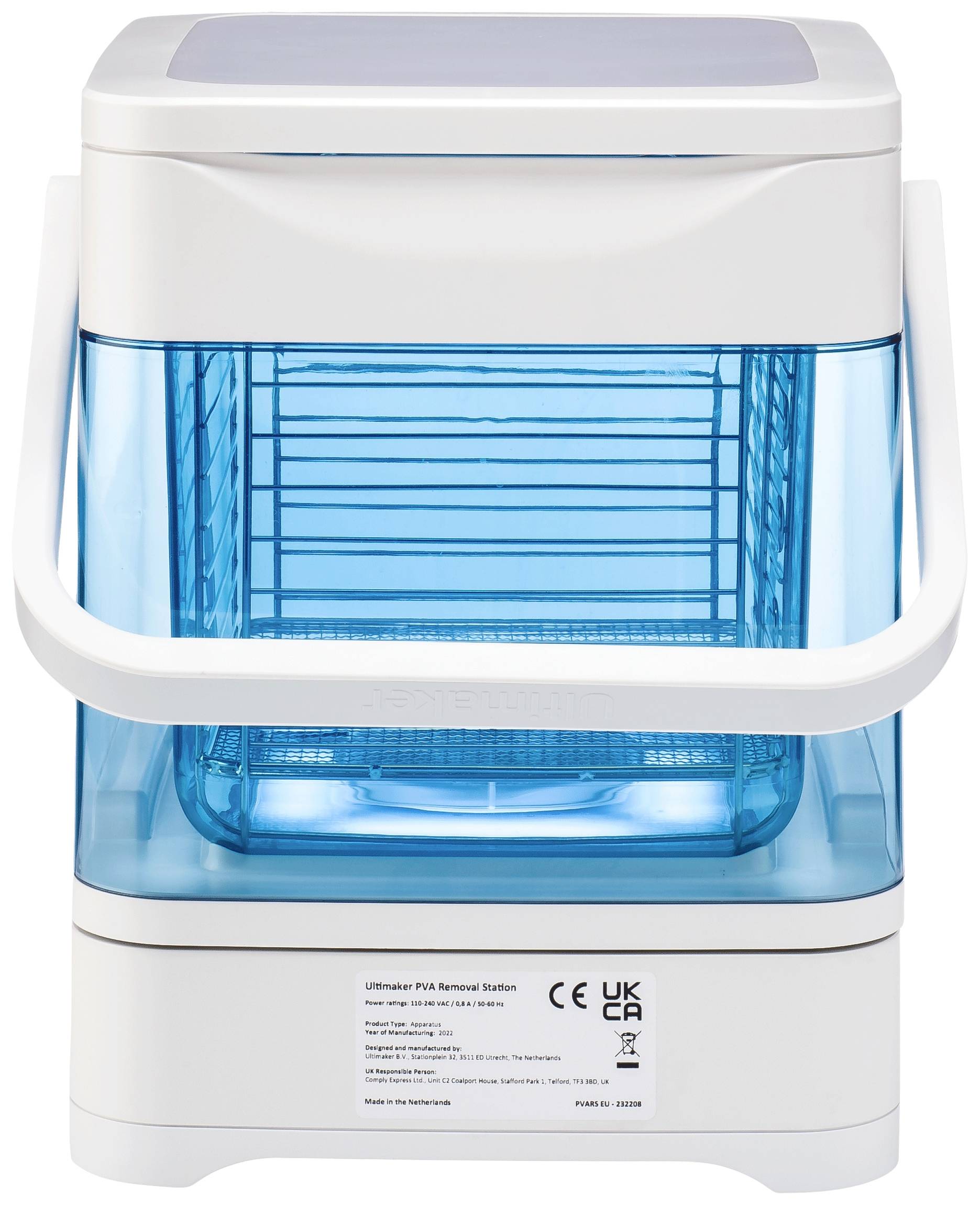 Ein weiß-blauer Behälter mit transparenten Wänden und Tragbügeln, vermutlich ein Reinigungsgerät oder eine Technikeinheit.