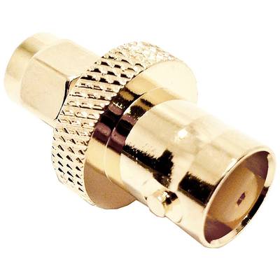 Ein goldfarbener Koaxialadapter mit geriffeltem Design, bestehend aus zwei verbundenen Steckern. Geeignet für elektrische Verbindungen.