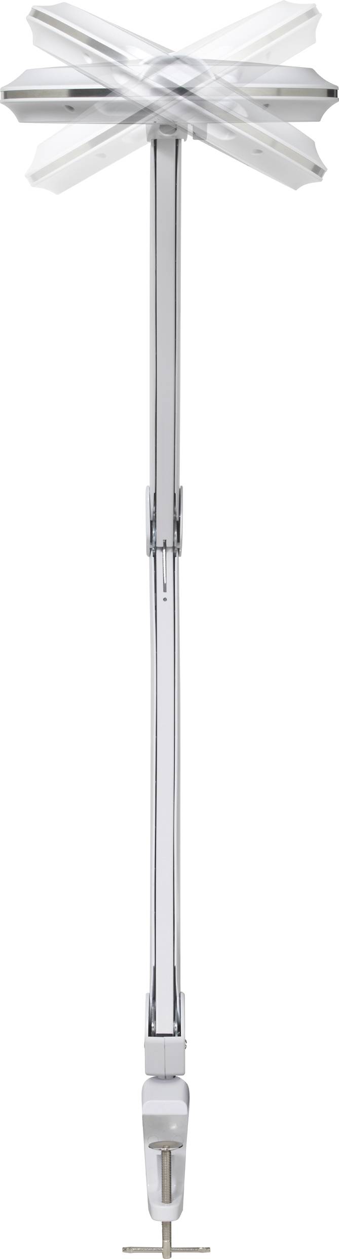 Langer, schwenkbarer Regenschirmhalter aus Metall, der an einem Tisch befestigt werden kann. Oberer Teil hat eine sternförmige Struktur.