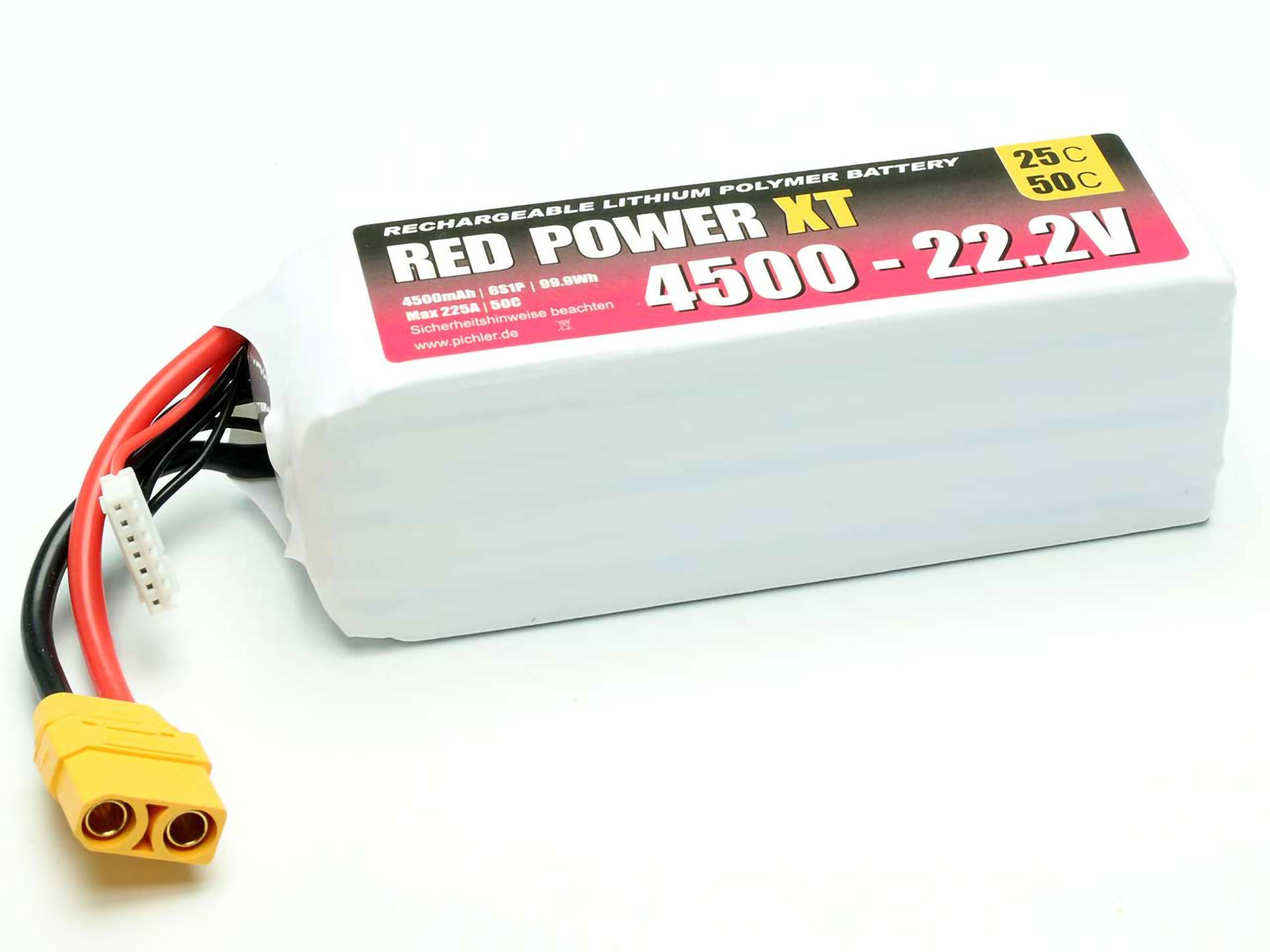 Lithium-Polymer-Batterie mit Aufschrift 'Red Power XT 4500 - 22.2V', gelbem Anschlusskabel und technischem Hinweis auf 25C und 50C.