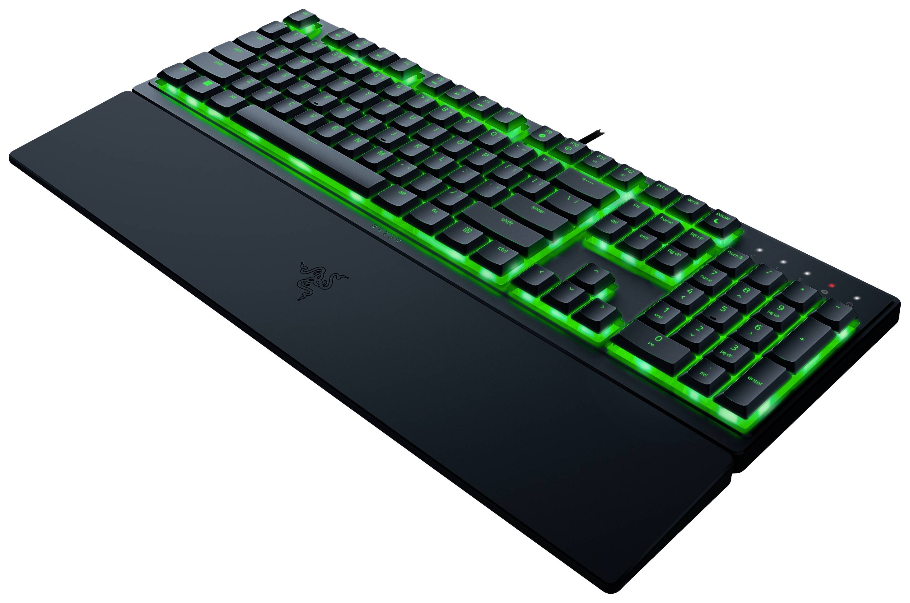 Schwarze mechanische Gaming-Tastatur mit grüner Hintergrundbeleuchtung. Enthält ein abnehmbares Handballenauflage für Komfort.