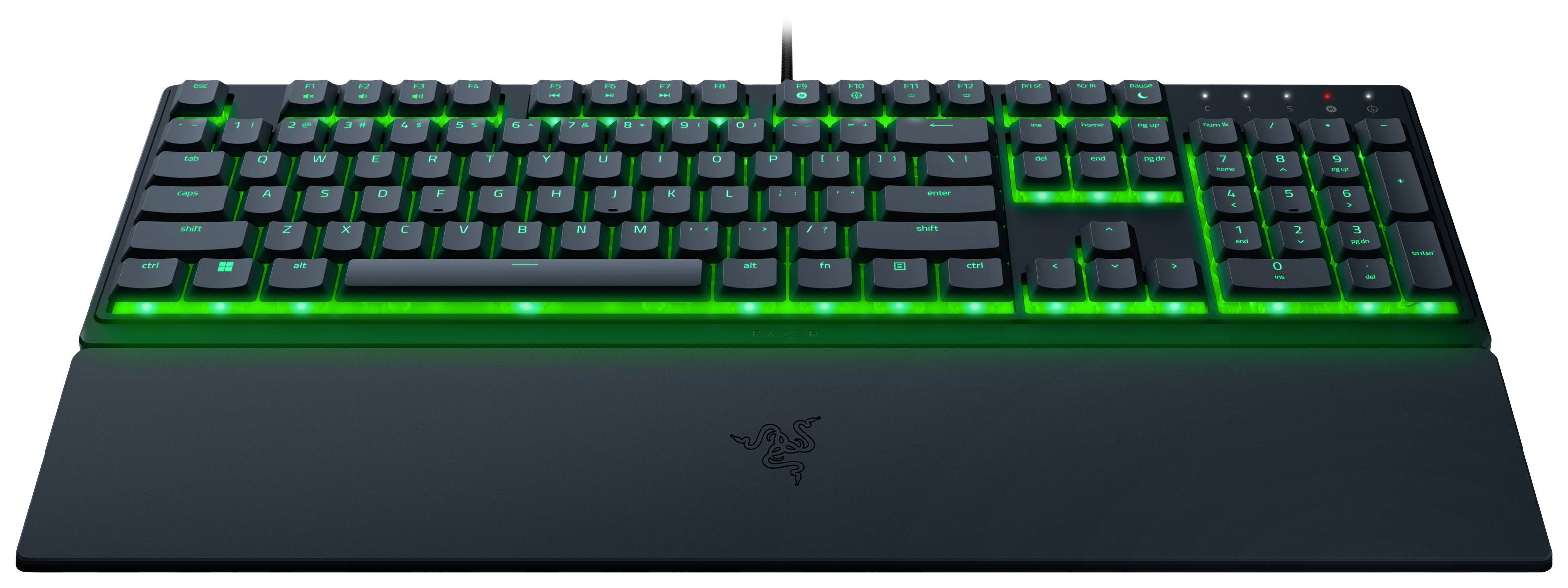 Tastatur mit leuchtend grüner Hintergrundbeleuchtung und Handballenauflage. Eignet sich gut für Gaming und längere Nutzung.