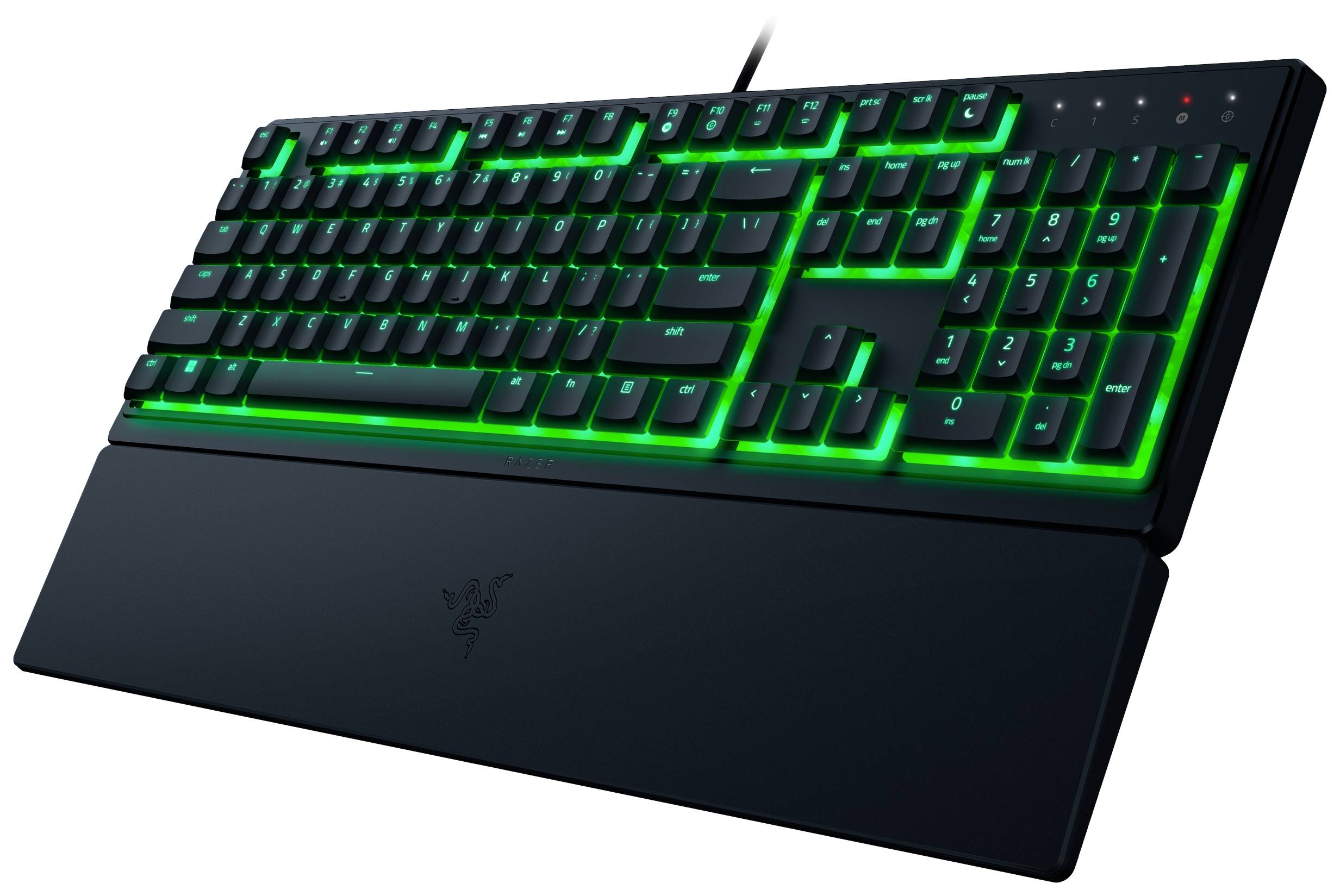 Schwarze Gaming-Tastatur mit leuchtend grüner Hintergrundbeleuchtung. Tasten und Handballenauflage sind sichtbar.