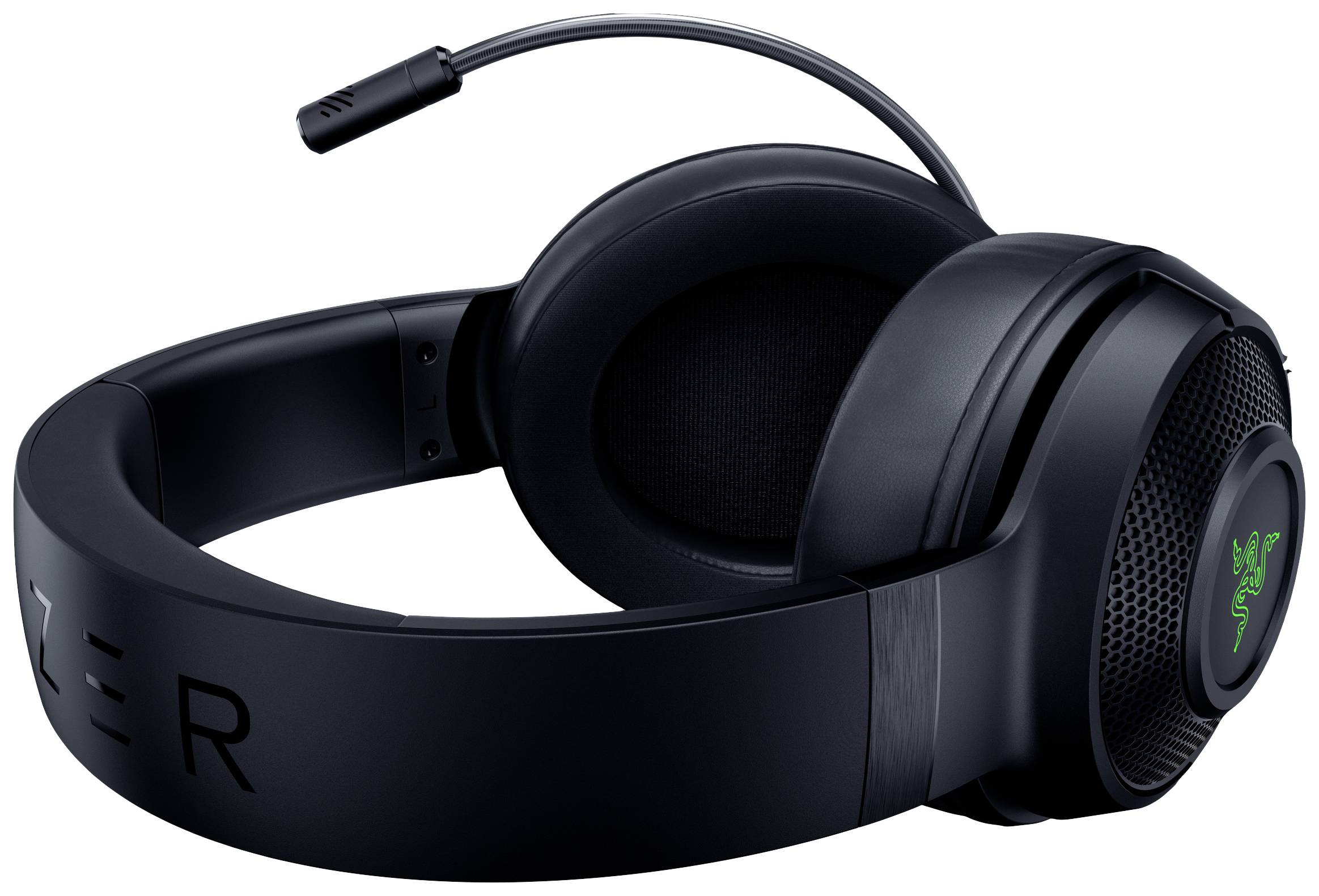 Schwarzes Gaming-Headset mit Mikrofon, geschlossenem Ohrmuschel-Design und grünem Logo an den Ohrmuscheln, auf weißem Hintergrund.