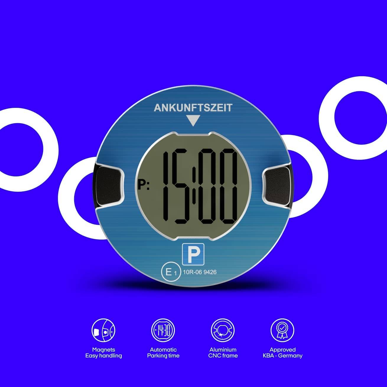 Elektronische Parkscheibe mit digitaler Uhranzeige, blaues Gehäuse, zeigt 'ANKUNFTSZEIT' und 'P: 15:00'. Symbole unten zeigen Funktionen.