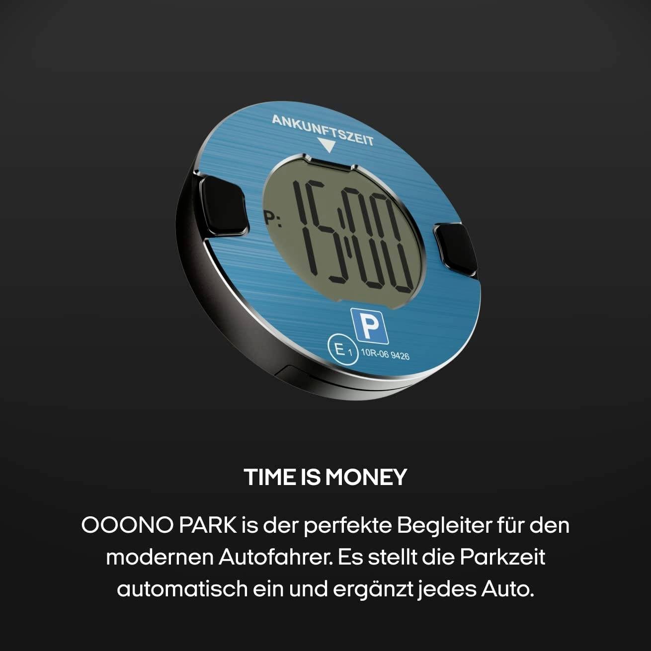 Digitaler Parkscheibe von Ooono mit der Anzeige 'ANKUNFTSZEIT 15:00'. Schützt Autofahrer vor Parktickets durch automatische Zeiteinstellung.