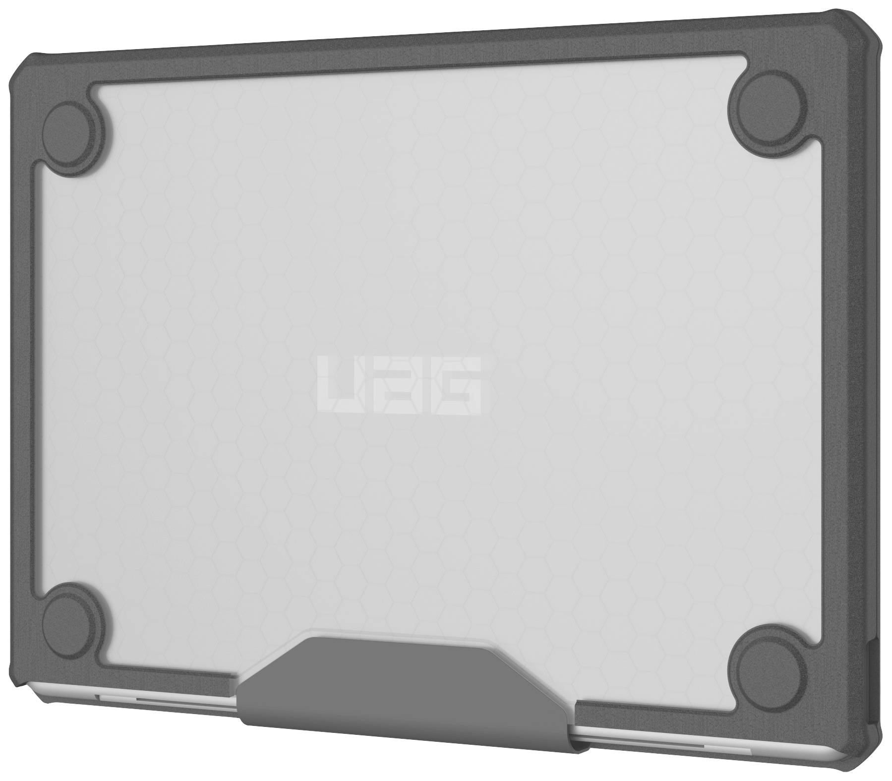 Ein robustes Laptop-Case mit grauen Eckverstärkungen und einem grauen Rand. Das Logo 'UBG' ist in der Mitte der Rückseite sichtbar.