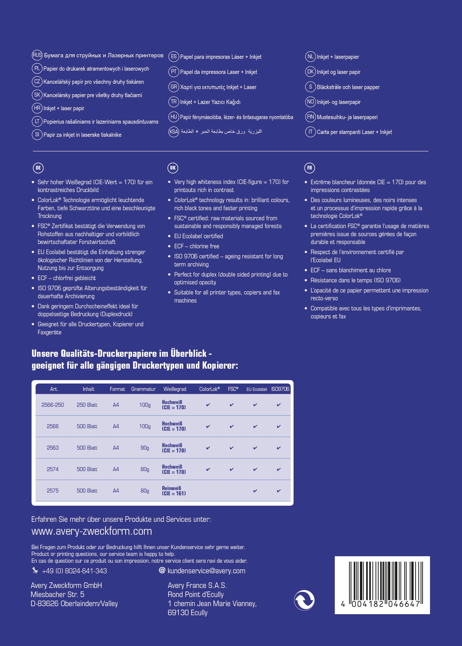 'Rückseite eines Papierproduktes mit Auflistung von Merkmalen und Vorteilen in drei Sprachen. Tabelle vergleicht verschiedene Papiersorten.'