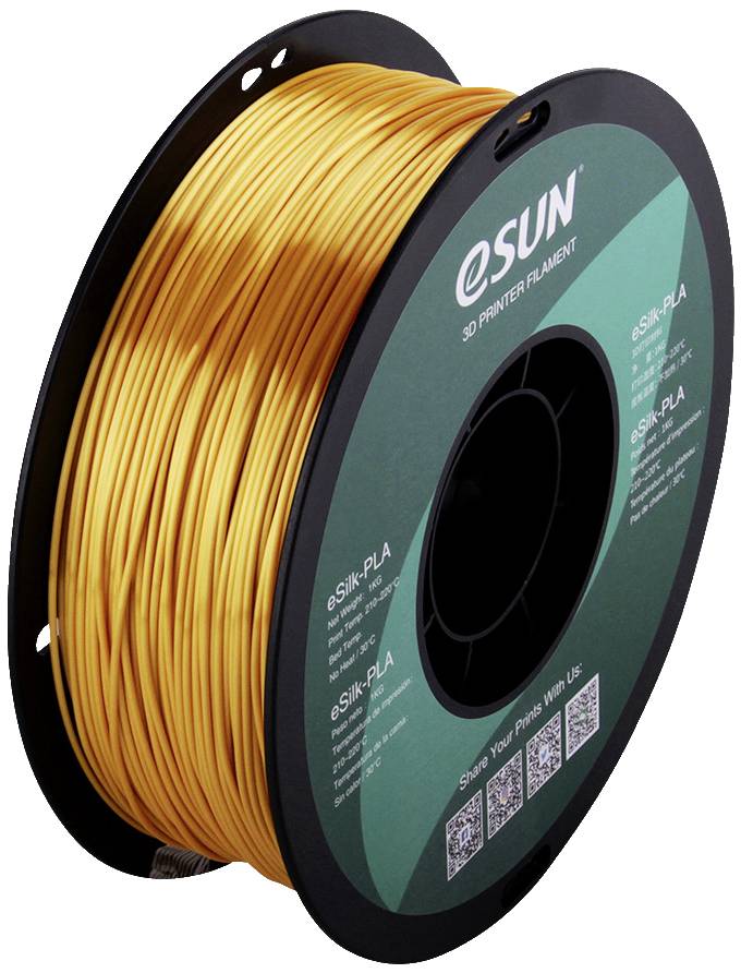 Eine Rolle mit goldfarbenem 3D-Drucker-Filament der Marke 'eSUN', geeignet für 3D-Druckprojekte.