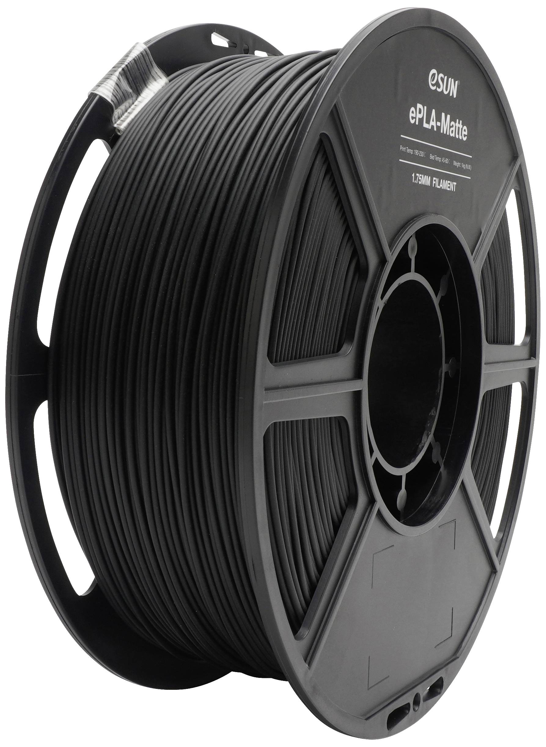 Eine schwarze 3D-Drucker-Filamentspule mit Aufschrift 'eSUN ePLA-Matte', 1,75 mm Durchmesser, liegt auf der Seite.