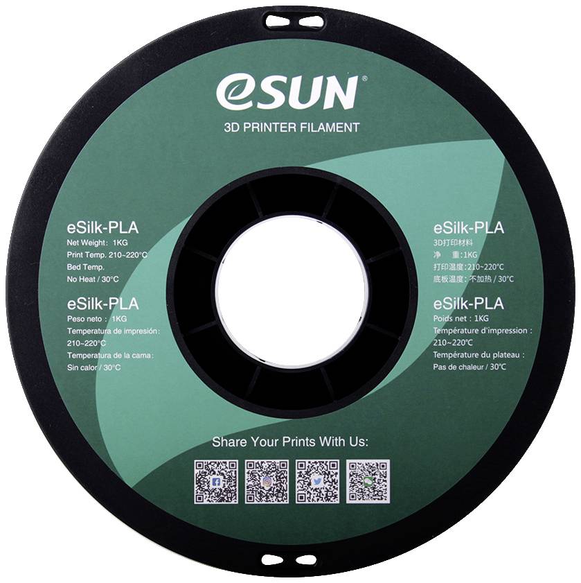 Filamentspule mit der Aufschrift 'eSUN 3D Printer Filament'. Enthält Spezifikationen für eSilk-PLA, Gewicht 1KG, Temperatur 210-230°C.