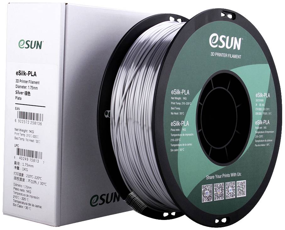 Eine Spule silbernes 3D-Drucker-Filament der Marke eSun, 1,75 mm Durchmesser, liegt vor einer Verpackungsbox desselben Produkts.