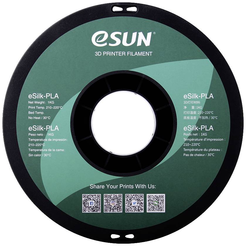 Spule mit eSilk-PLA 3D-Drucker-Filament. Gewicht: 1KG. Empfohlene Drucktemperatur: 210-230°C. Hersteller: eSUN. Enthält QR-Codes.