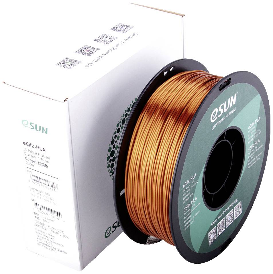 Spule aus kupferfarbenem eSilk-PLA-Filament vor einer Verpackung von eSUN, geeignet für 3D-Drucker.