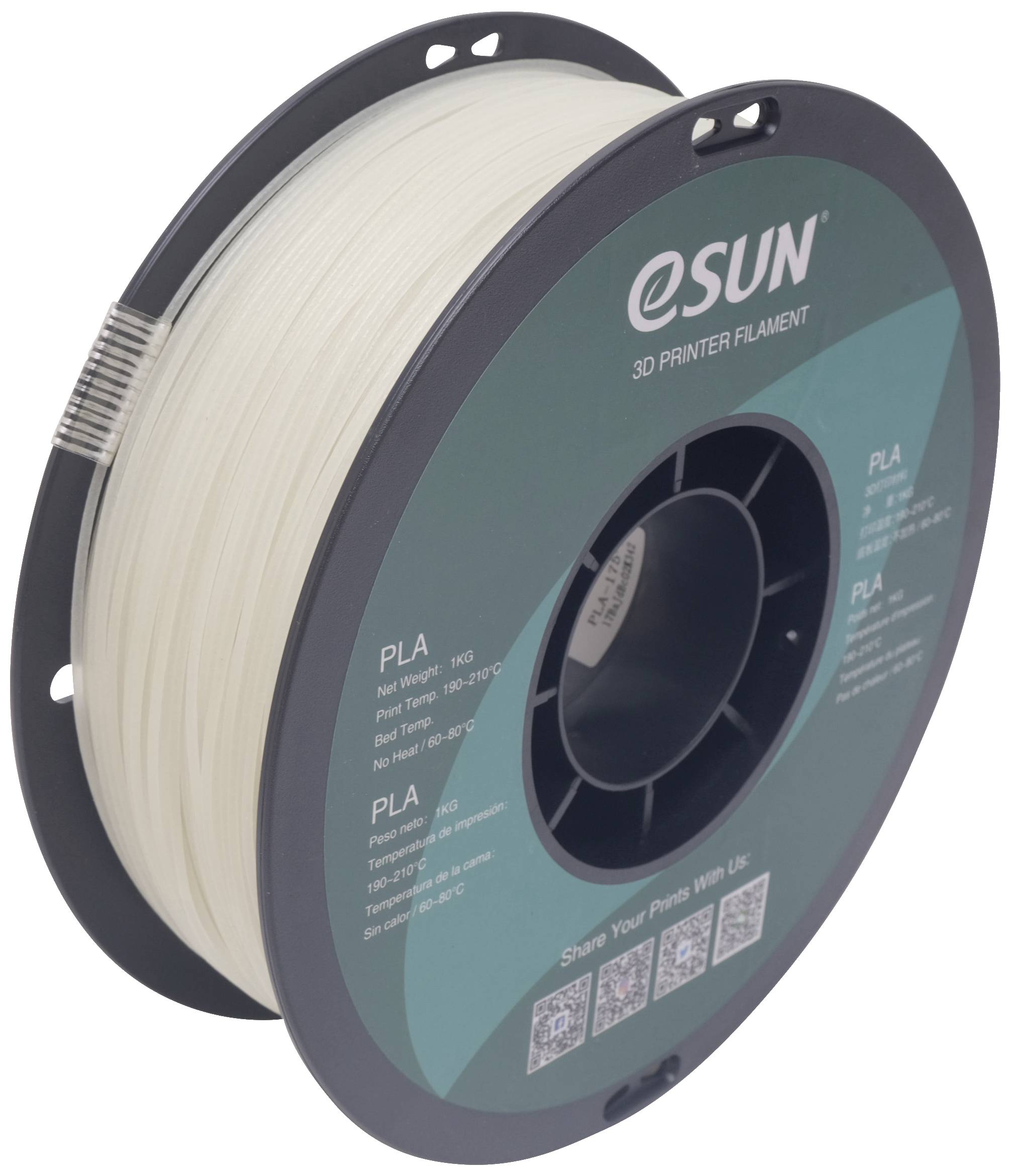 Eine Rolle weißes PLA-Filament der Marke eSUN für 3D-Drucker, mit Hinweise zur Drucktemperatur und Nozzle-Temperatur auf dem Etikett.