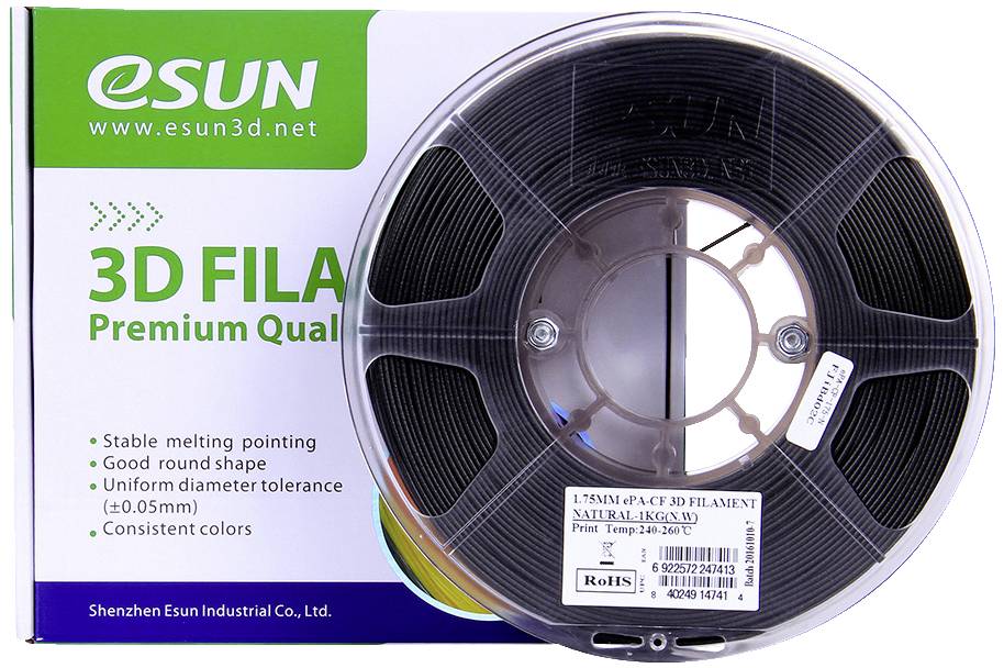 Auf dem Bild ist eine Verpackung mit eSUN 3D-Drucker-Filament zu sehen. Der Karton zeigt die Marke und Qualitätsmerkmale des Produkts.