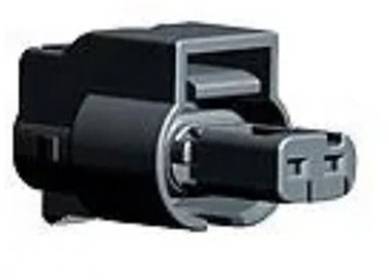 Ein schwarzer Elektrostecker mit rechteckigem Gehäuse und zwei nach außen ragenden Stiften, der für die Verbindung von Fahrzeugteilkomponenten verwendet wird.