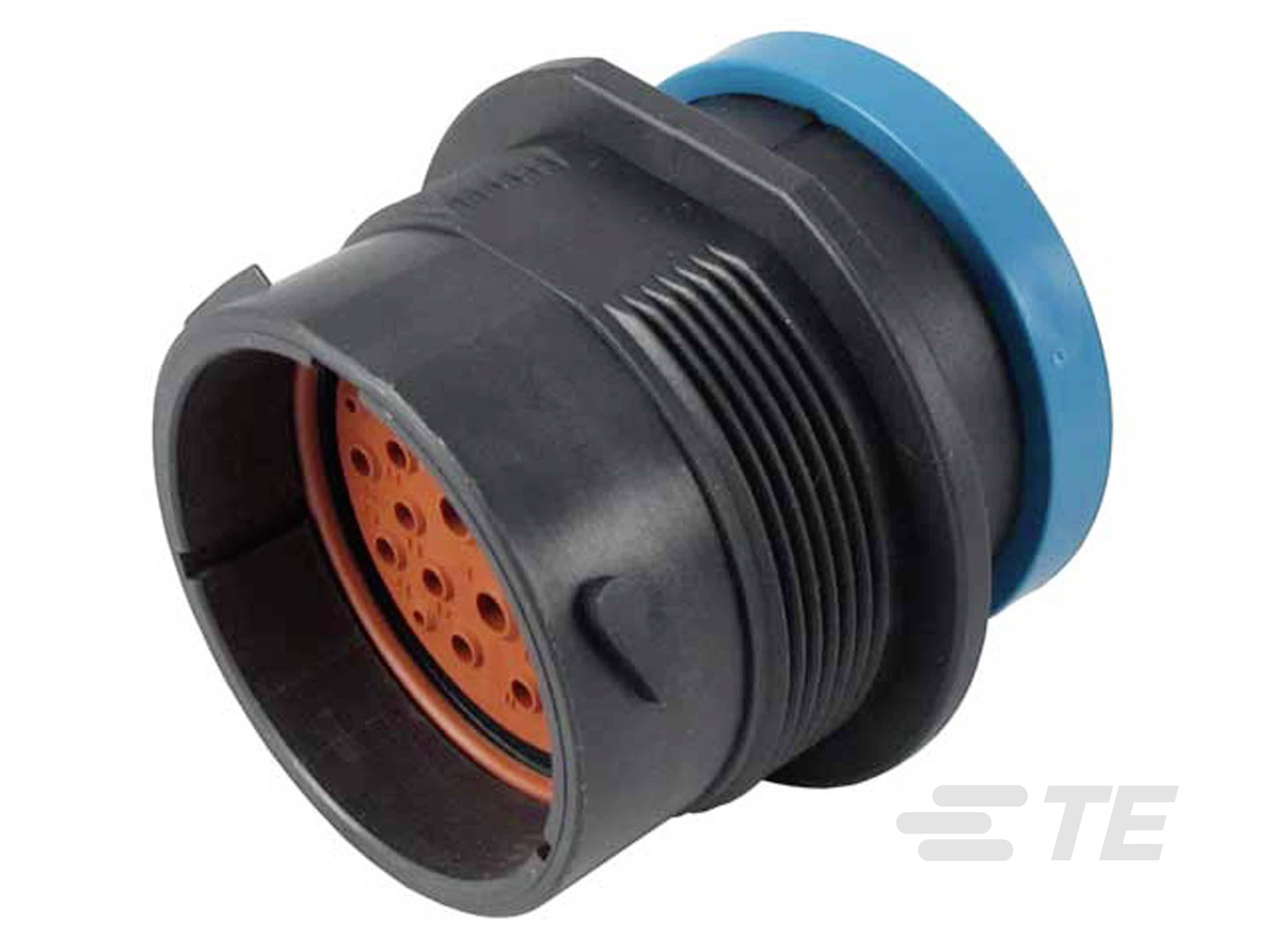 Runder, schwarzer Kunststoff-Stecker mit mehreren Kontaktstellen und blauer Dichtung, teilweise im Profil gezeigt.