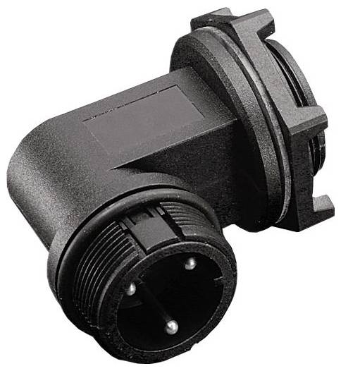 Schwarzer Steckverbinder mit rechtwinkliger Form, gerillter Oberfläche und zwei Stiften, konzipiert für elektrische Verbindungen.