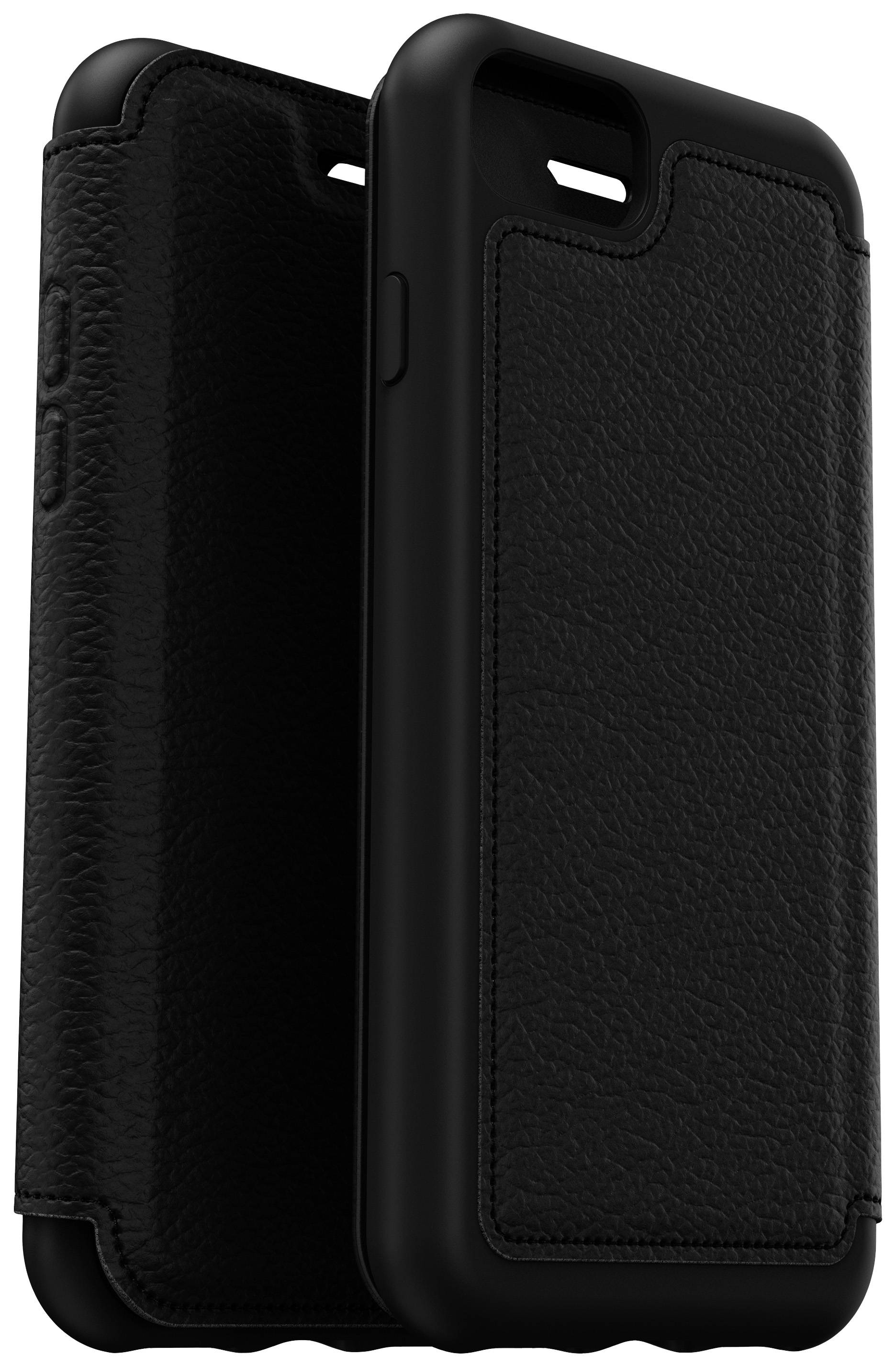 Schwarzes Smartphone-Etui aus Leder mit Klappverschluss, stehend, zeigt Vorder- und Rückseite.