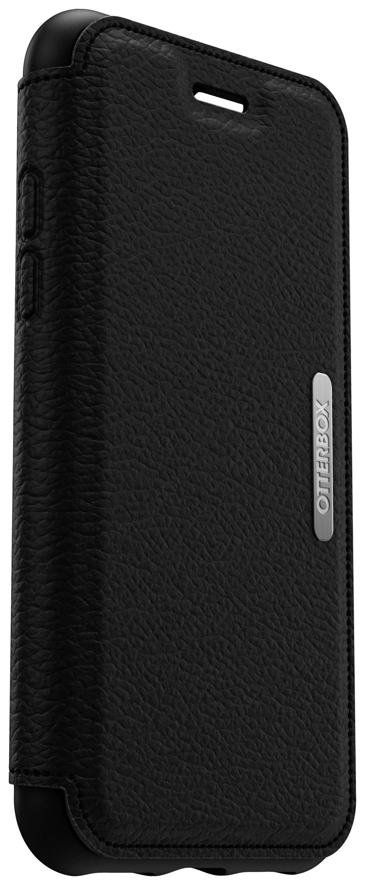 Schwarze Smartphone-Hülle, stehend, mit lederähnlicher Textur und einem metallischen Etikett an der Seite.