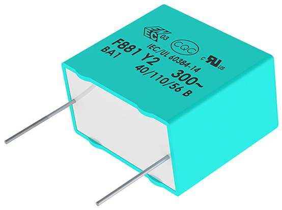 Ein türkisfarbener rechteckiger Kondensator mit Metallanschlüssen, beschriftet mit „F881 Y2 300~", verwendet für elektronische Schaltungsanwendungen.