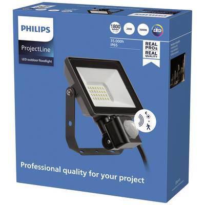 Eine Packung eines Philips LED-Außenstrahlers aus der Serie 'ProjectLine' mit Bewegungsmelder. Hierfür wird eine professionelle Qualität beworben.