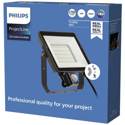 Verpackung eines Philips LED-Außenstrahlers mit 2700 Lumen, 30W, 3000K. Aufschrift: 'Professional quality for your project'.