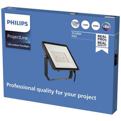 Verpackung einer Philips LED-Außenflutlichtleuchte mit 13500 Lumen, 150W, 3000K. Text: 'Professional quality for your project'.
