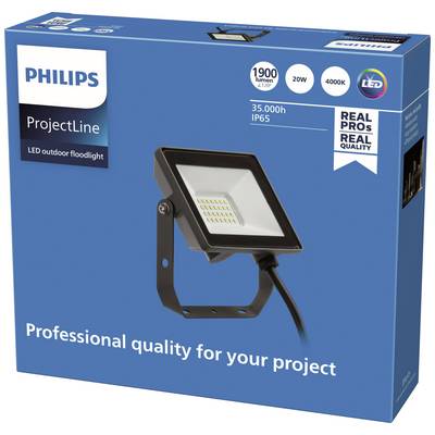 Eine blaue Verpackung für einen Philips LED-Außenstrahler. Helligkeit: 1900 Lumen, 20W, 4000K. Text auf Englisch: 'Professional quality for your project'.