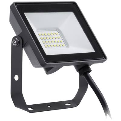 LED-Flutlichtstrahler mit schwarzem Gehäuse und Montagehalterung, geeignet für Außenbeleuchtung.