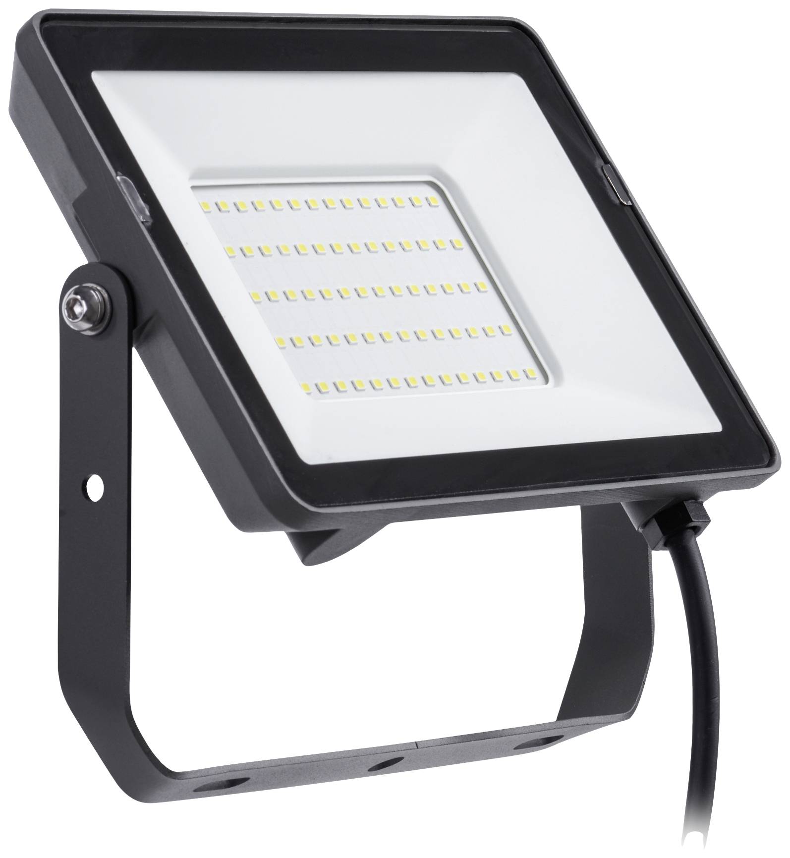 Schwarzer LED-Flutlichtstrahler mit rechteckigem Rahmen und mehreren gelben LEDs, montierbar an einer winkelverstellbaren Halterung.