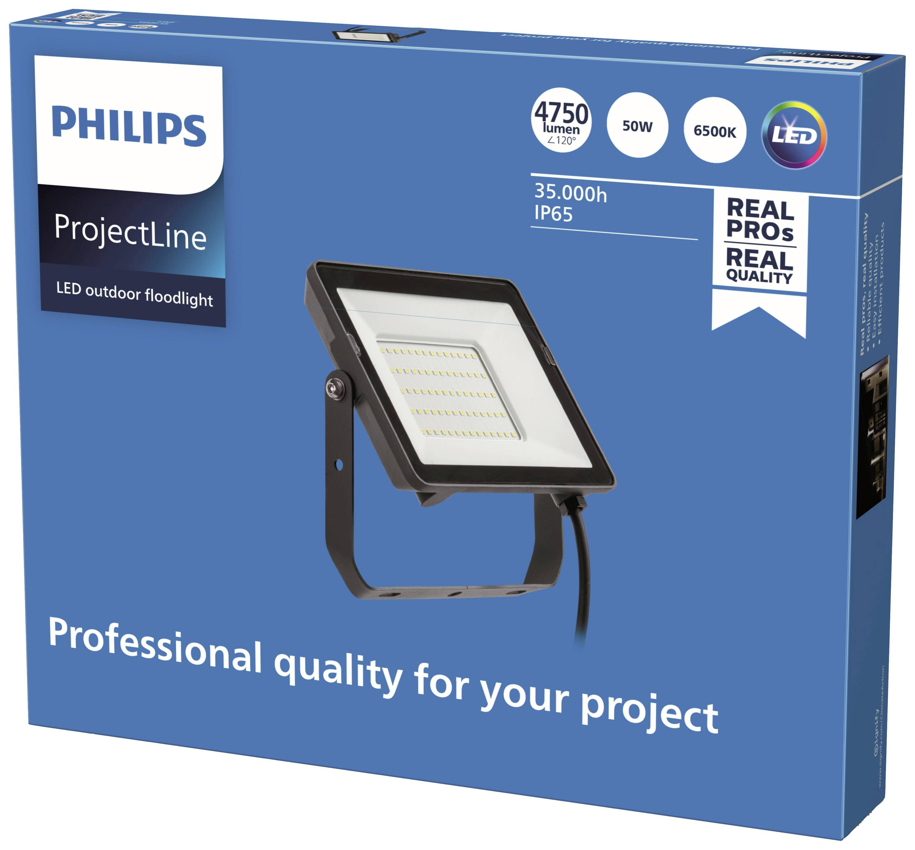 LED-Außenstrahler von Philips, 50W, 6500K, 4750 Lumen, IP65, auf der Verpackung 'Professional quality for your project'.