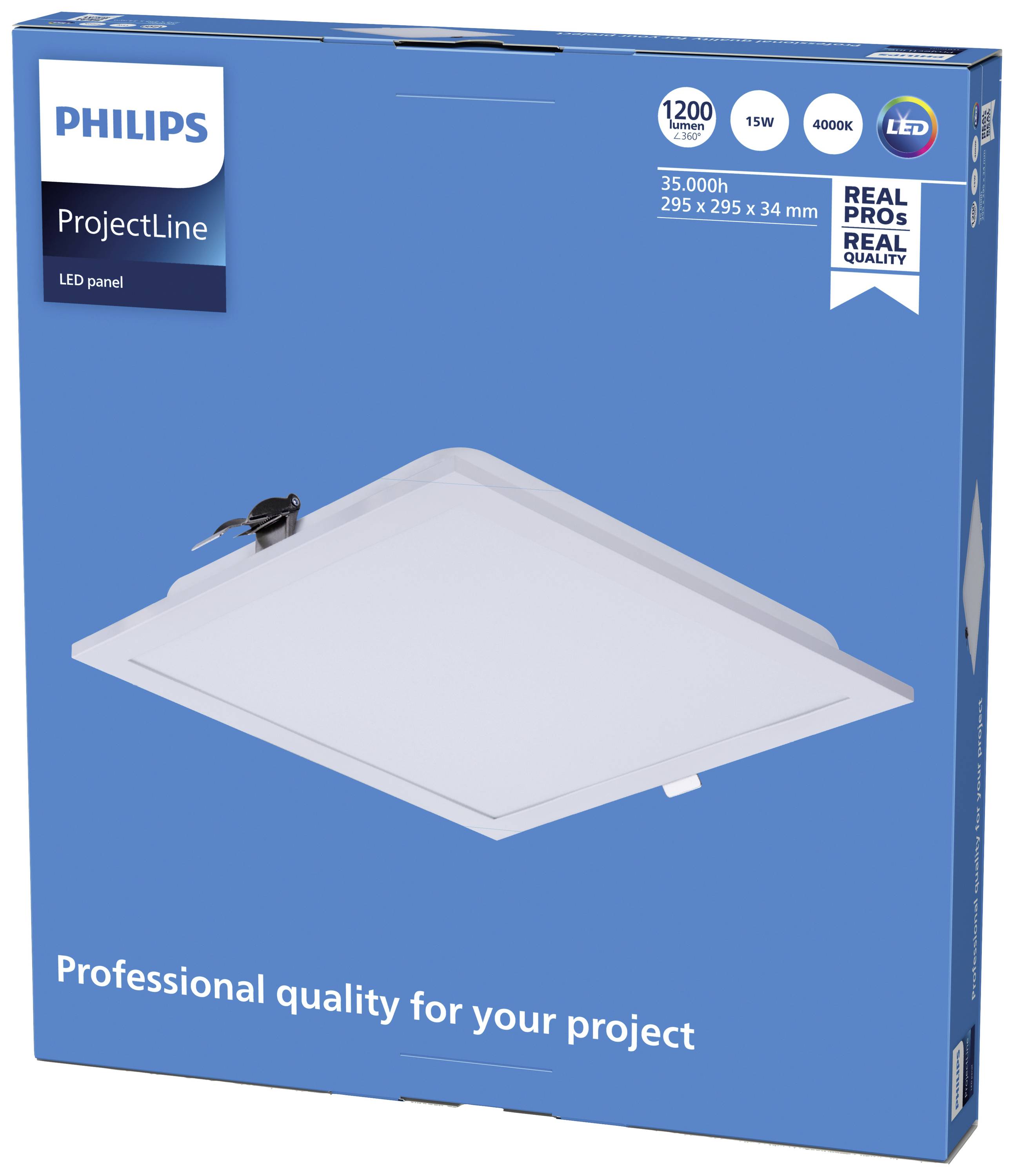 Verpackung einer quadratischen LED-Leuchte von Philips, Modell 'ProjectLine', mit den Angaben: 15W, 1200lm, 4000K, 35.000h Lebensdauer.