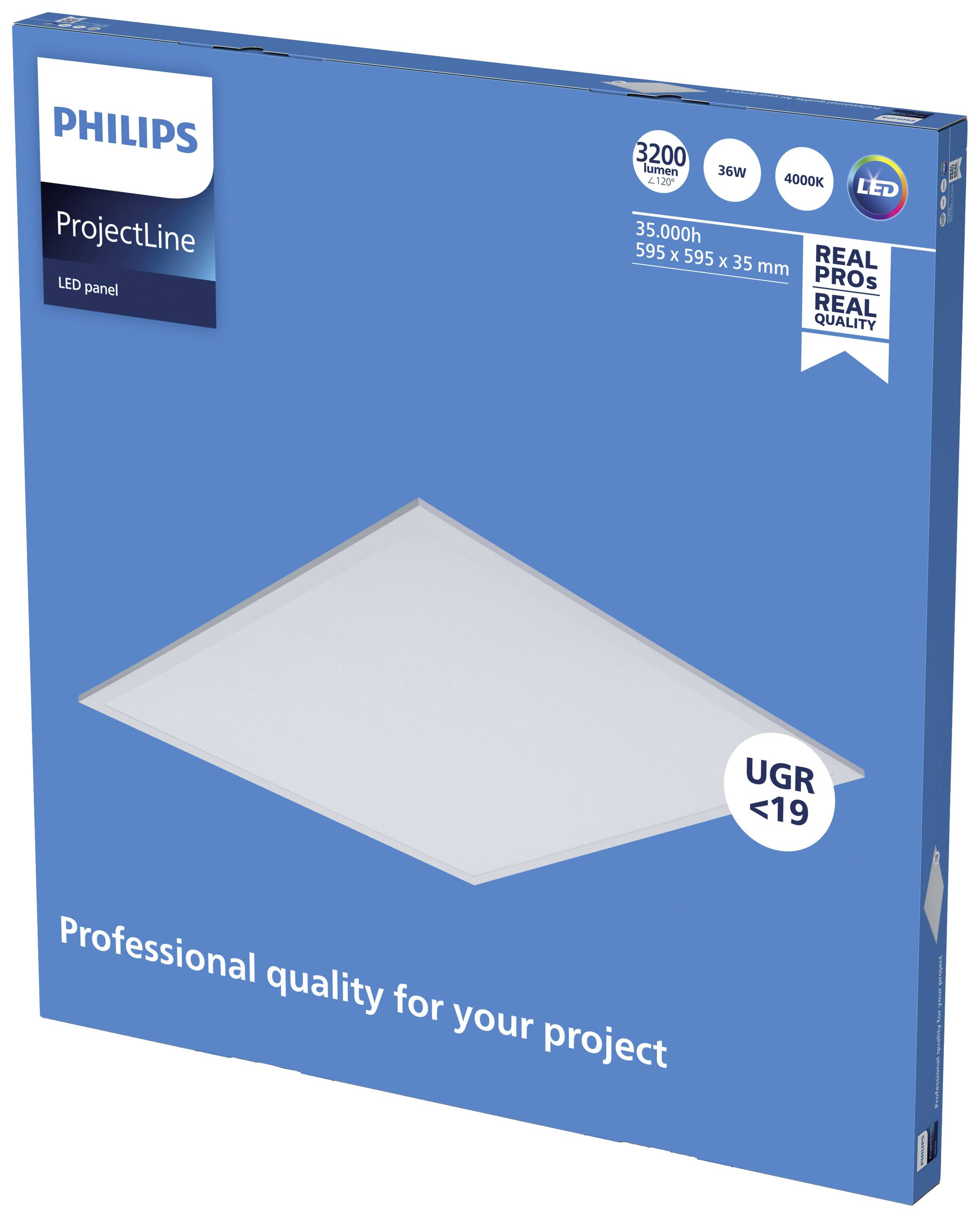 Verpackung eines LED-Panels von Philips, mit Spezifikationen wie '35.000h', '595 x 595 x 35 mm', geeignet für Projekte.