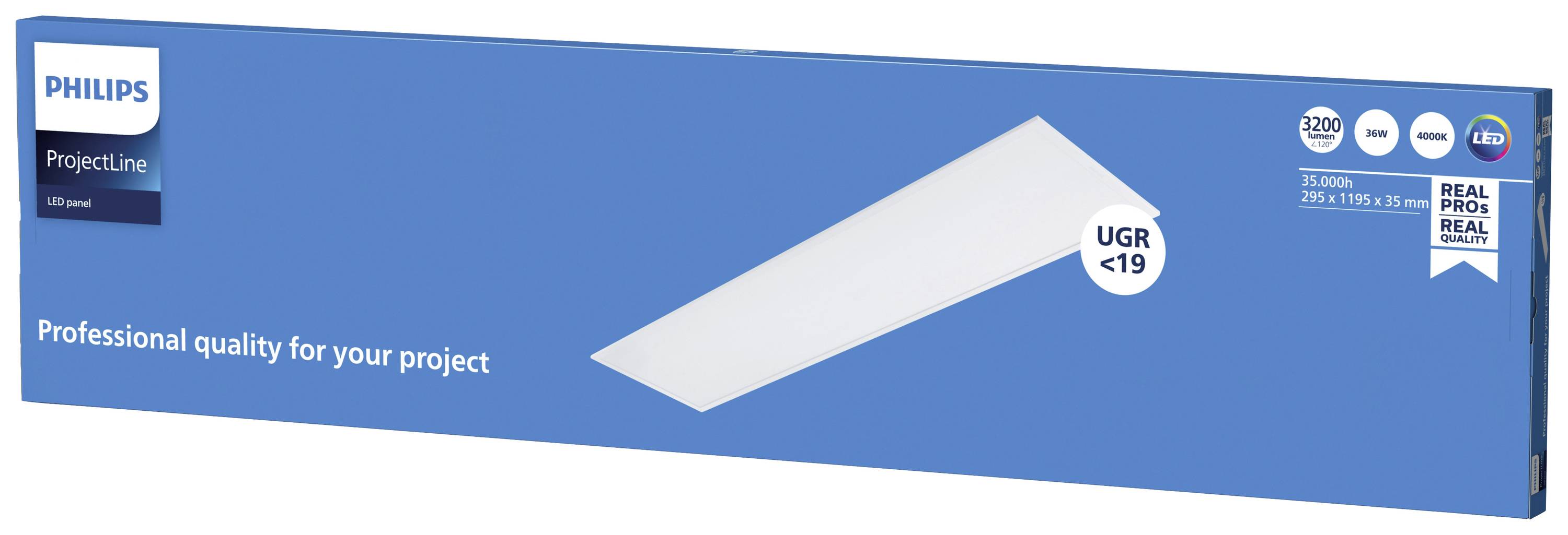 Verpackung für Philips LED-Panel. Aufschrift: 'Professional quality for your project'. Produktdaten und Symbole für Helligkeit und Effizienz.