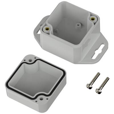 Ein zweiteiliges, graues Kunststoffgehäuse mit Schrauben. Oben offen, geeignet für elektronische Bauteile.