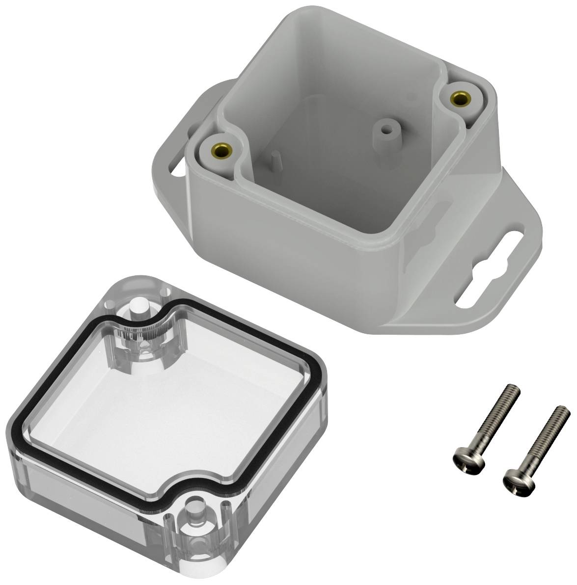 Gehäuse aus Kunststoff mit durchsichtigem Deckel und zwei Schrauben zur Montage. Hauptsächlich zur Elektronikverpackung genutzt.