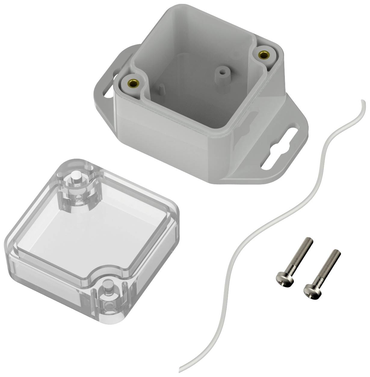 Gehäuse-Set mit transparentem Deckel, grauer Box, zwei Schrauben und einer weißen Dichtung für elektronische Komponenten.