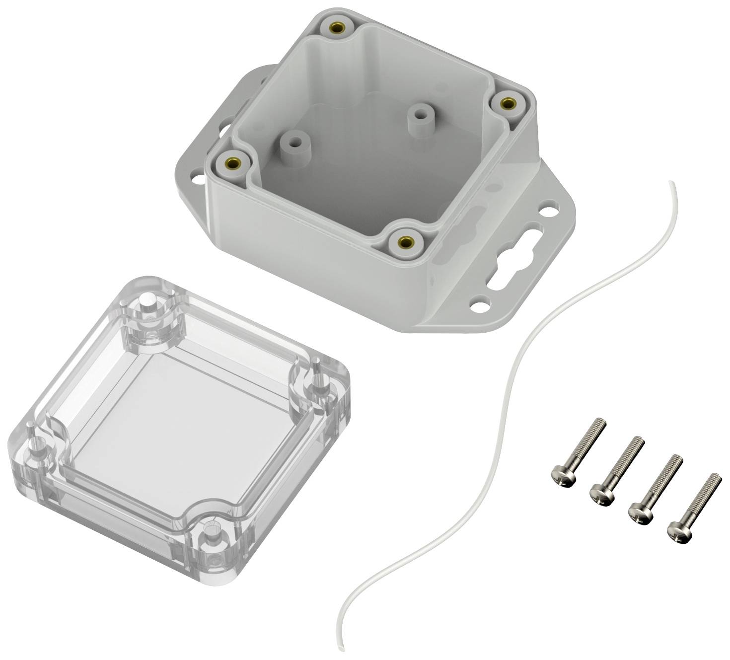 Gehäuse-Set aus Kunststoff mit abnehmbarem transparentem Deckel, vier Schrauben und Dichtungsschnur zur Sicherung von Elektronikkomponenten.