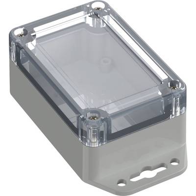 Kunststoffgehäuse mit transparentem Deckel, rechteckig, mit Schrauben in den Ecken, geeignet für elektronische Anwendungen.