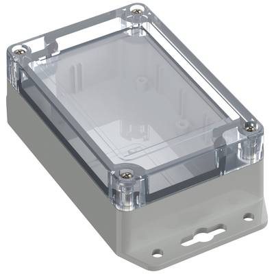 Elektronisches Gehäuse aus transparentem Kunststoff mit Schraubbefestigungen, geeignet für Schutz und Montage von Platinen.